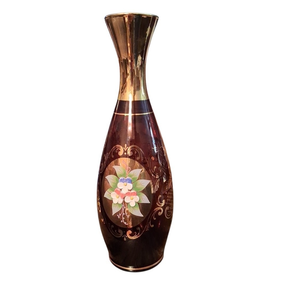 Vtg Moser Bohemia Purple Glass Enamel Flowers Vase Gold‎ Overlay 9"tx1.75"w